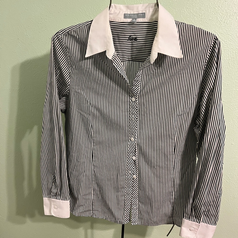 Foxcroft Black and White Striped Button Down Shirt